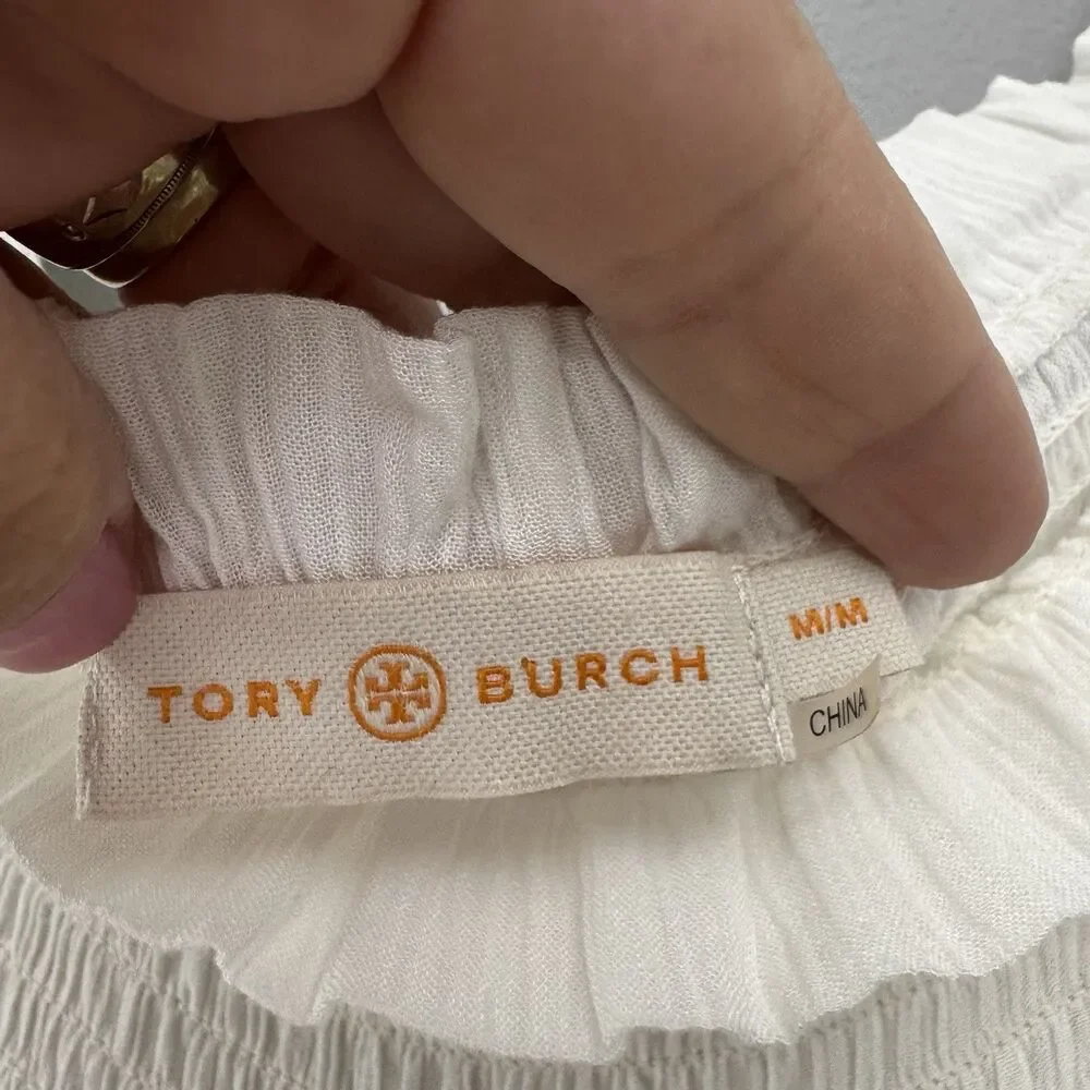 Tory Burch Embroidered Eyelet Scallop Hem Peasant Tunic/Cover Up Dress White M